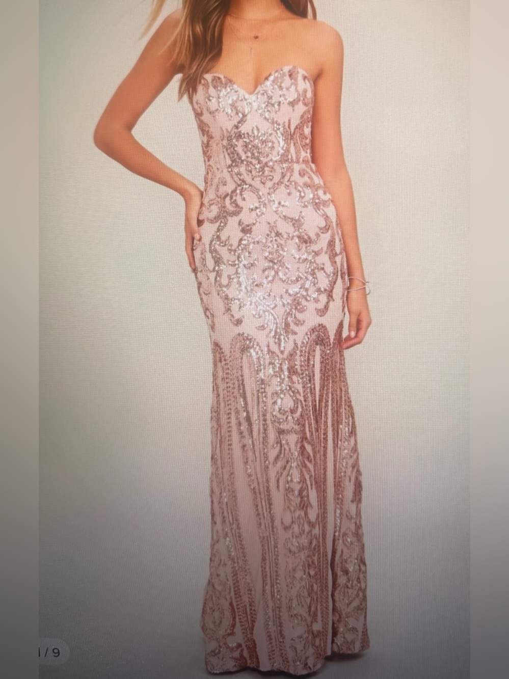 Bariano yellow gold tone Sequined Strapless Evening Gown